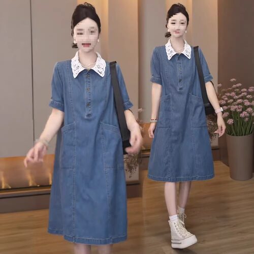 时尚休闲舒适天丝牛仔连衣裙女夏季新品洋气宽松蕾丝翻领中长款潮