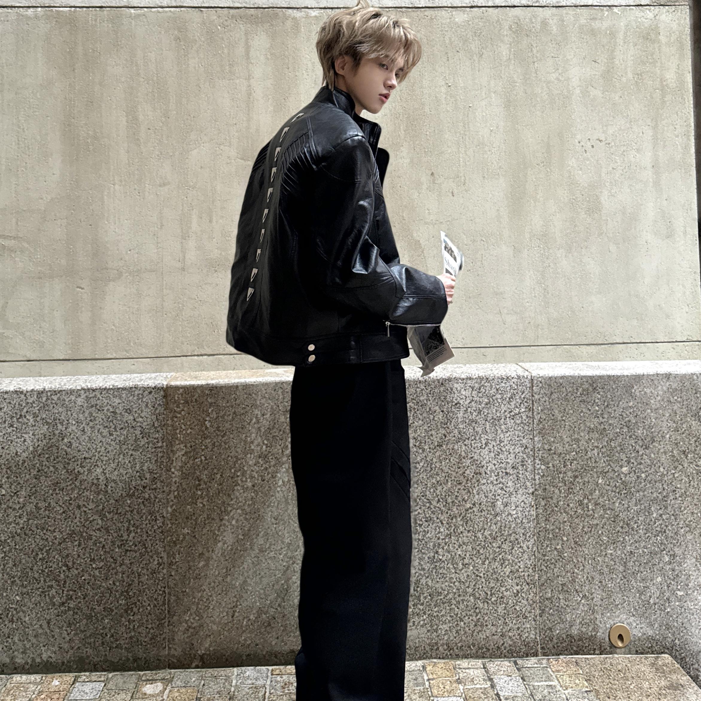 Desaturate 金属骨骼 哥斯拉立领PU冬季外套夹克男女同款高级