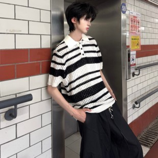 宽松设计感痞帅风T恤上衣 Desaturate老钱条纹短袖 polo衫 男款 时尚