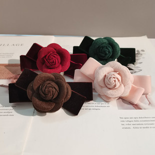 山茶花小香风发夹女丝绒蝴蝶结发饰后脑勺弹簧夹半扎发一字夹头饰