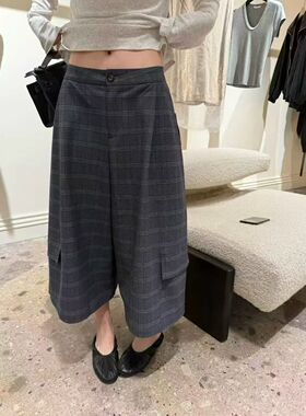 2026春季新款格子阔腿裤女 高腰显瘦宽松大口袋休闲裤 通勤百搭款