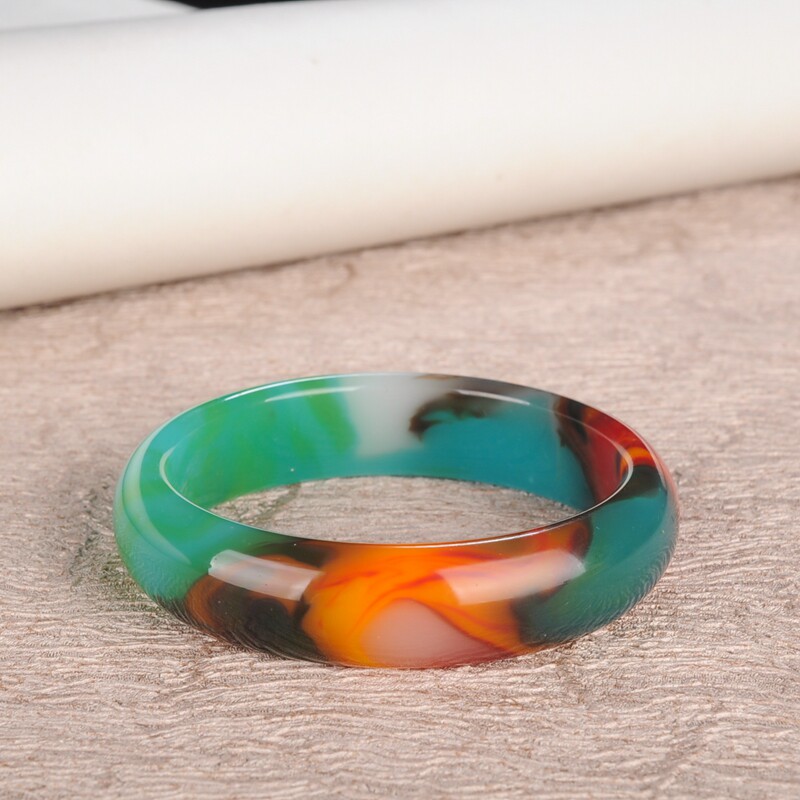 金丝玉红绿手镯玉石玉器女款七彩玉三色镯子加宽加厚宽版手饰