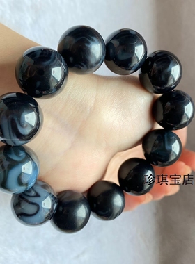 和田玉圆珠手链青花玉单圈黑白色