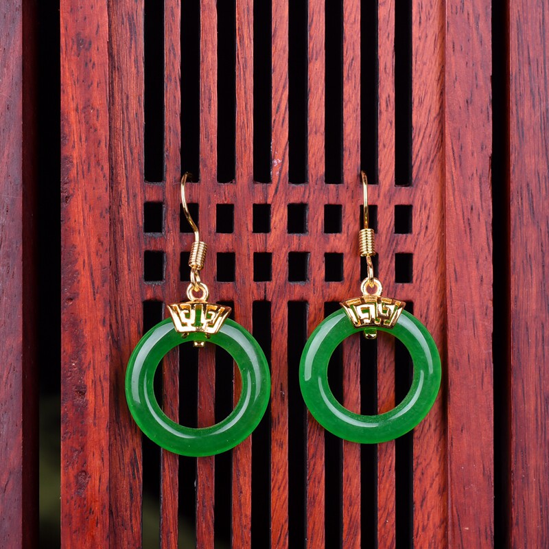 正品缅甸玉石冰种翡翠阳绿色平安环精品耳坠平安扣玉石耳环女款