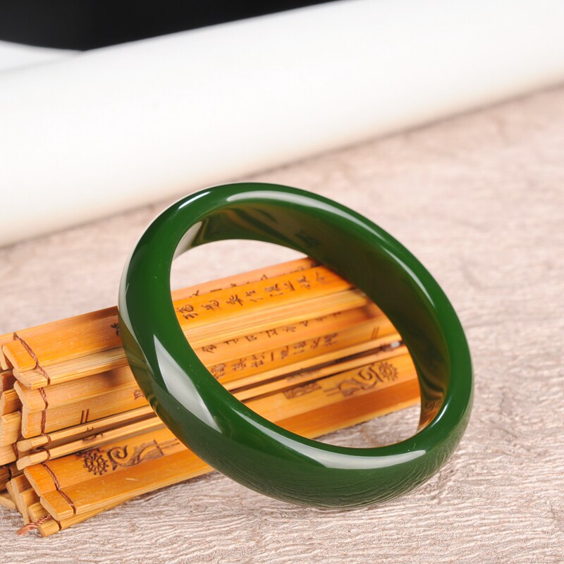 玉玲珑珠宝新疆和田玉碧玉手镯菠菜绿宽条少女镯子女款玉镯宽版