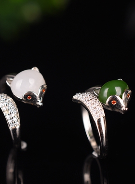 碧玉925银可调节手饰品活口戒指