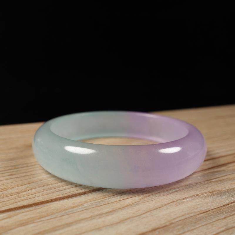 冰透缅甸翡翠半油青翡翠手镯半紫半绿半山水通透手镯石英岩玉女款