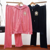 松紧腰长裤 烫钻连帽拉链卫衣 两件套 天鹅绒运动休闲套装 原D