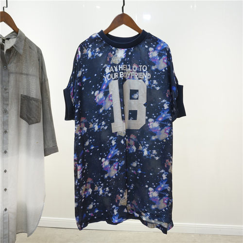 瑕疵 清~星空泼墨电脑印花中长款T恤 宽松大版型直筒雪纺长TEE
