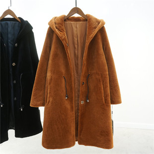 高端女装 100羊毛 加厚保暖羊剪绒大衣 可收腰中长款羊毛皮草外套