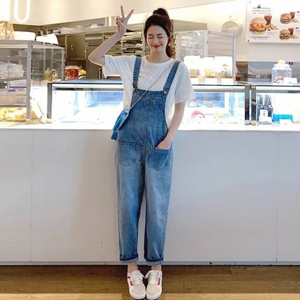 减龄牛仔背带裤森女系2023春装百搭韩版宽松小个子显瘦九分女夏季