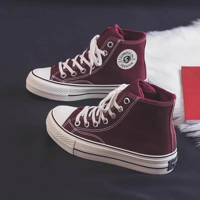 环球高帮加绒帆布鞋女2025秋冬新款百搭红色板鞋冬季厚底保暖棉鞋
