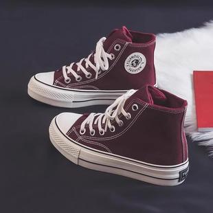 环球高帮加绒帆布鞋女2025秋冬新款百搭红色板鞋冬季厚底保暖棉鞋