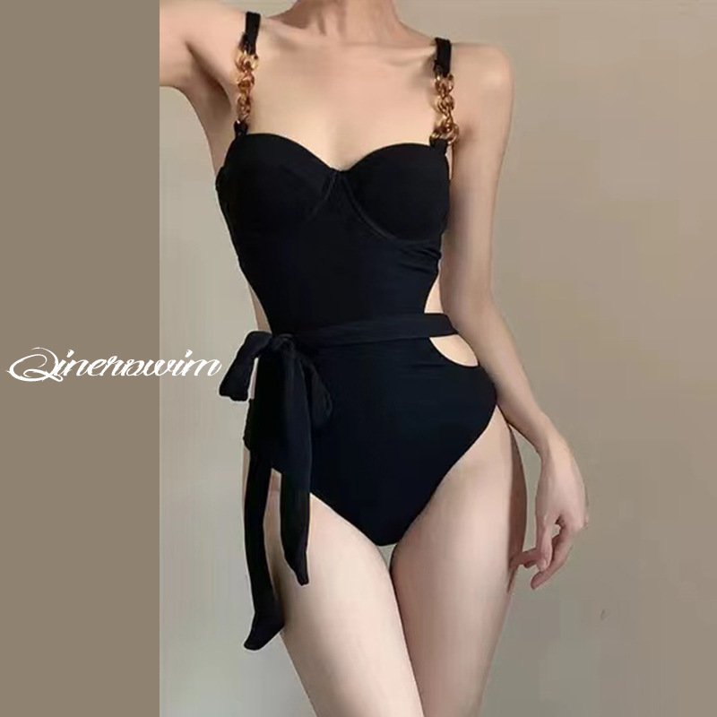 泳衣女高级感2025新款ins连体小胸聚拢三角黑色辣妹三角泳衣性感