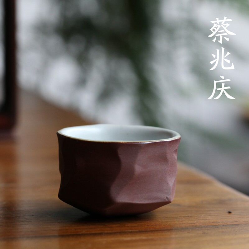 台湾茶具蔡兆庆新款柴烧铁板白汝窑 素面手工切面杯 品杯 茶杯