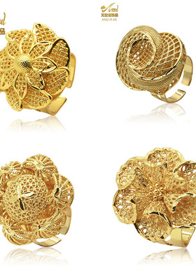 ANIID迪拜新娘24K镀金通花朵结婚戒指非洲女式首饰品越南沙金开口