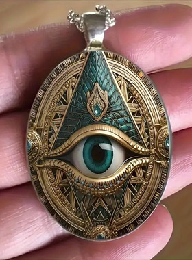 时尚眼睛眼纹吊坠项链-银镀合金与玻璃马赛克优雅椭圆护身符设计