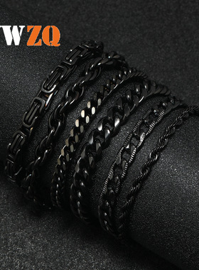 嘻哈潮流古巴链钛钢麻花链龙虾扣黑色手链 欧美男不锈钢手链饰品