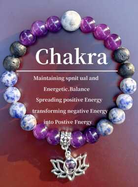 跨境爆款手链瑜伽莲花吊坠紫水晶宝石手链禅意珠链转运紫色手串珠