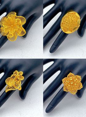 跨境中东新款沙金戒指3D立体镂空花朵指环24K镀金气质复古首饰品