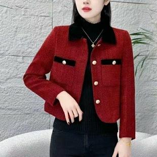 小个子粗花呢短外套女2025春秋季新款翻领小香风休闲夹棉妮子大衣