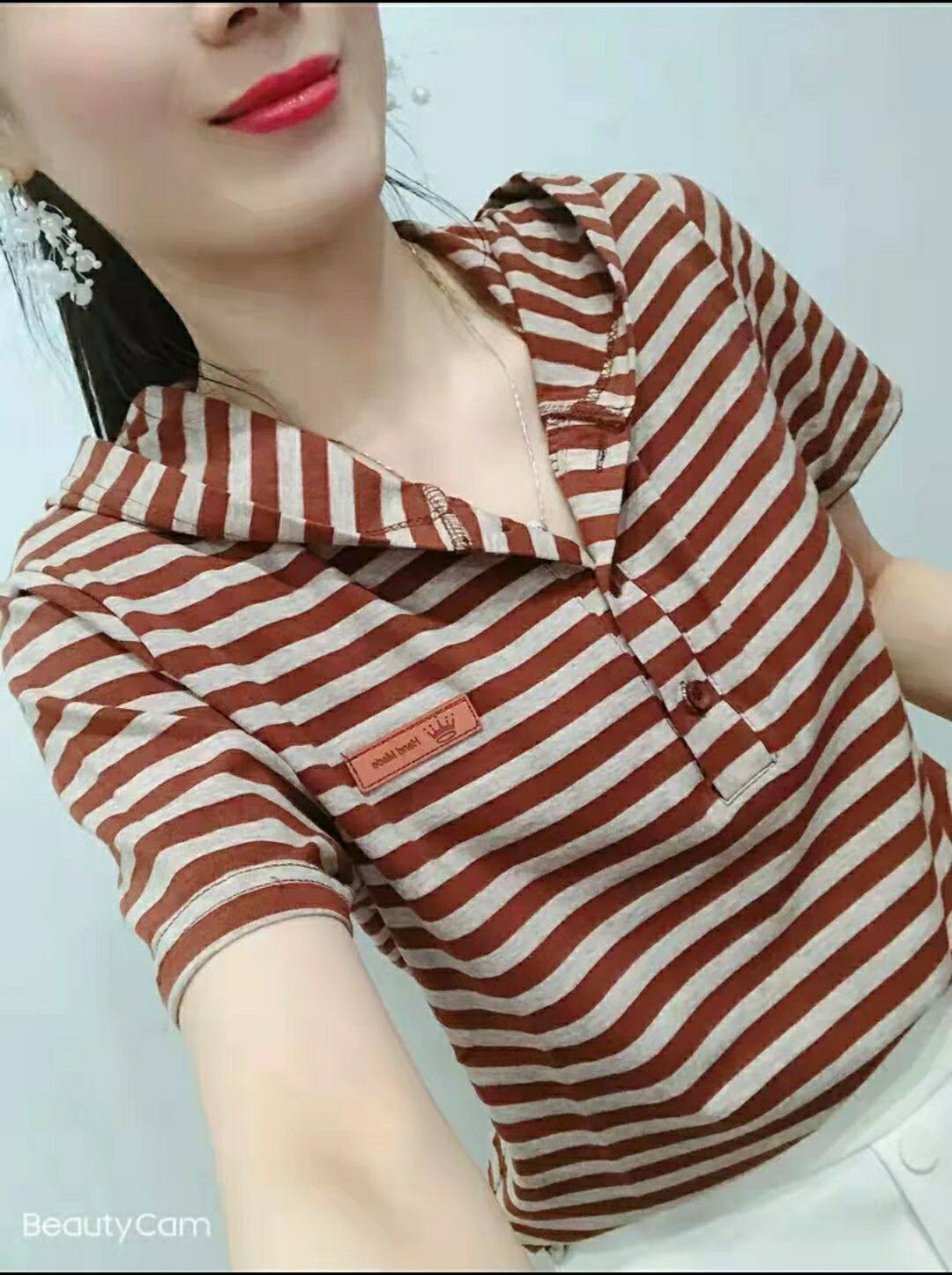 纯棉条纹连帽短袖t恤女士202T恤