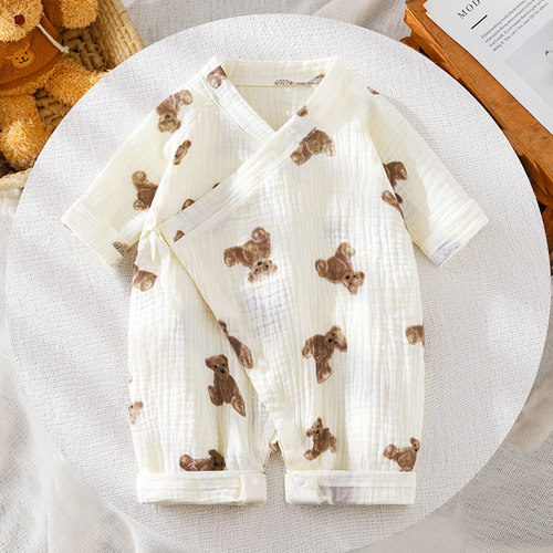 纯棉透气夏天婴儿长袖纱布连体衣