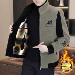 秋冬季加绒夹克男士金貂绒呢子休闲立领男装冬装高端短款毛呢大衣