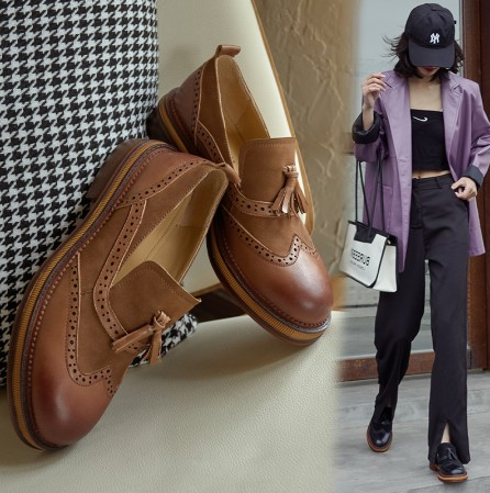 复古百搭女单鞋子平底跟真牛皮流苏布洛克棕色一脚蹬乐福懒人休闲