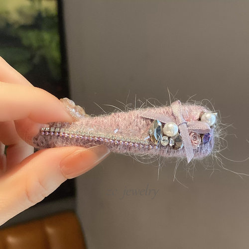 韩国水晶紫色毛线玫瑰蝴蝶结夹甜美气质少女感侧边夹额前刘海碎发