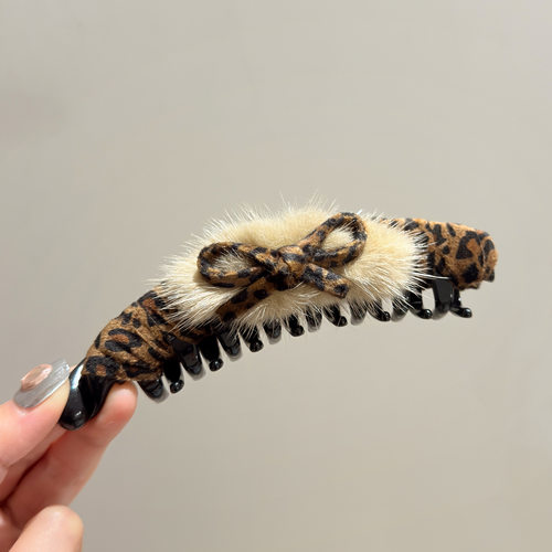韩国老钱精致复古豹纹蝴蝶结水貂毛香蕉夹后脑勺马尾抓夹扭扭夹子