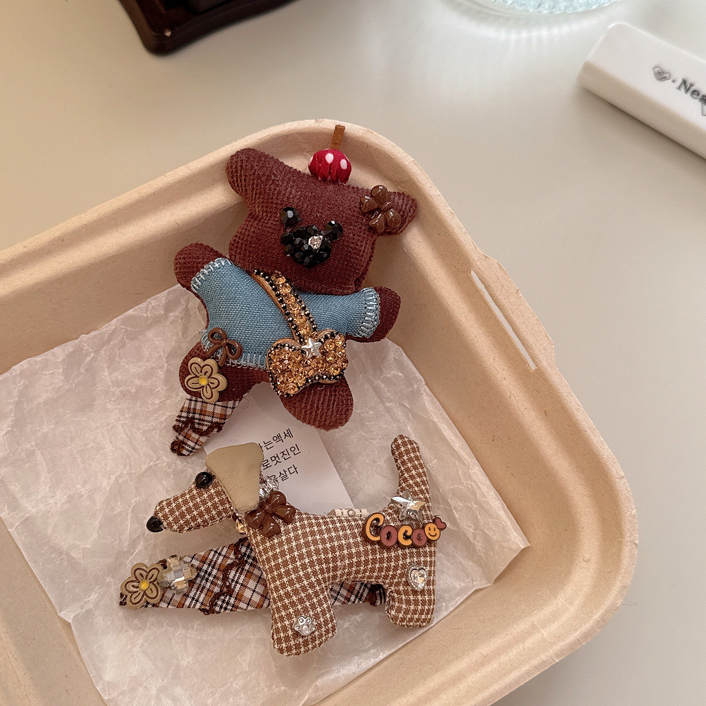 韩系格子布艺小狗镶钻BB夹甜美风可爱少女感刘海夹侧边夹头饰发夹