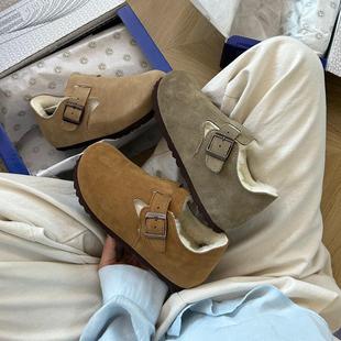 秋冬加绒包头羊毛钓鱼博肯毛毛拖懒人厚底增高鞋 勃肯鞋 女2024新款