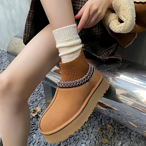 2025冬季新款桑坡民族风袜套Tazz真皮厚底增高加绒外穿雪地靴女