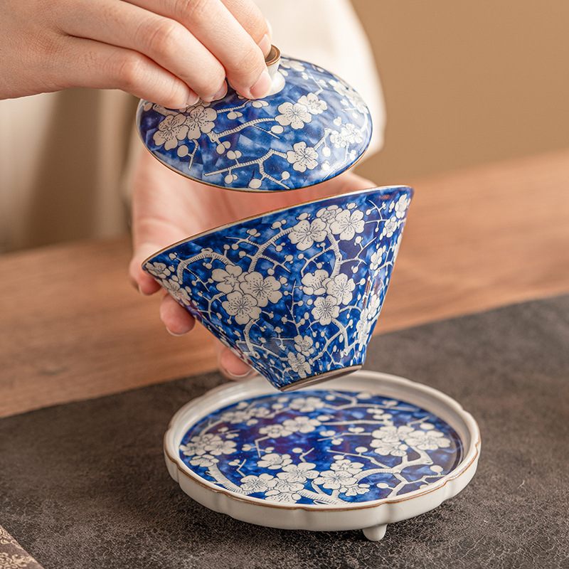 仿宋汝窑蓝冰梅花斗笠盖碗茶碗带盖单个茶具泡茶碗三才碗