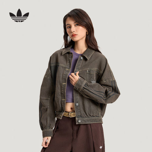 阿迪达斯三叶草外套女新款春休闲宽松翻领牛仔夹克KR5042 KR5041