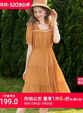 法式橙色方领泡泡短袖蝴蝶结精致连衣裙女2026夏季新款洋气质裙子