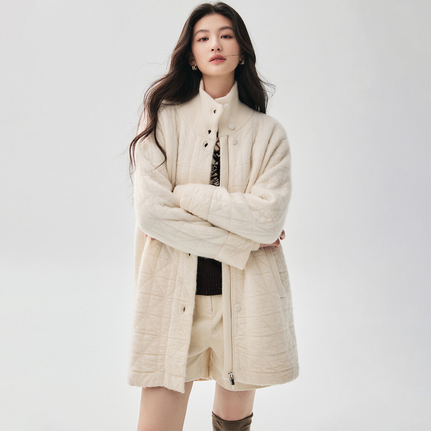 山羊绒棉服女2026秋冬新款立领菱形格宽松韩版高级感通勤保暖外套