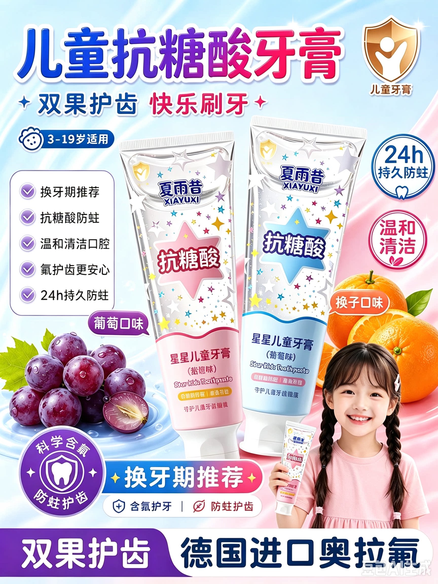 星星儿童牙膏含氟抗糖抗酸防蛀牙龋齿3-6-12岁宝宝换牙期学生正品