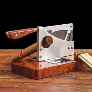 台式 雪茄剪不锈钢花梨木底座闸刀型切割器雪茄工具配件锋利雪茄刀