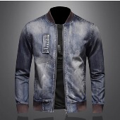 棒球服款 牛仔外套男潮牌复古拉链立领牛仔衣欧美街头机车工装 夹克