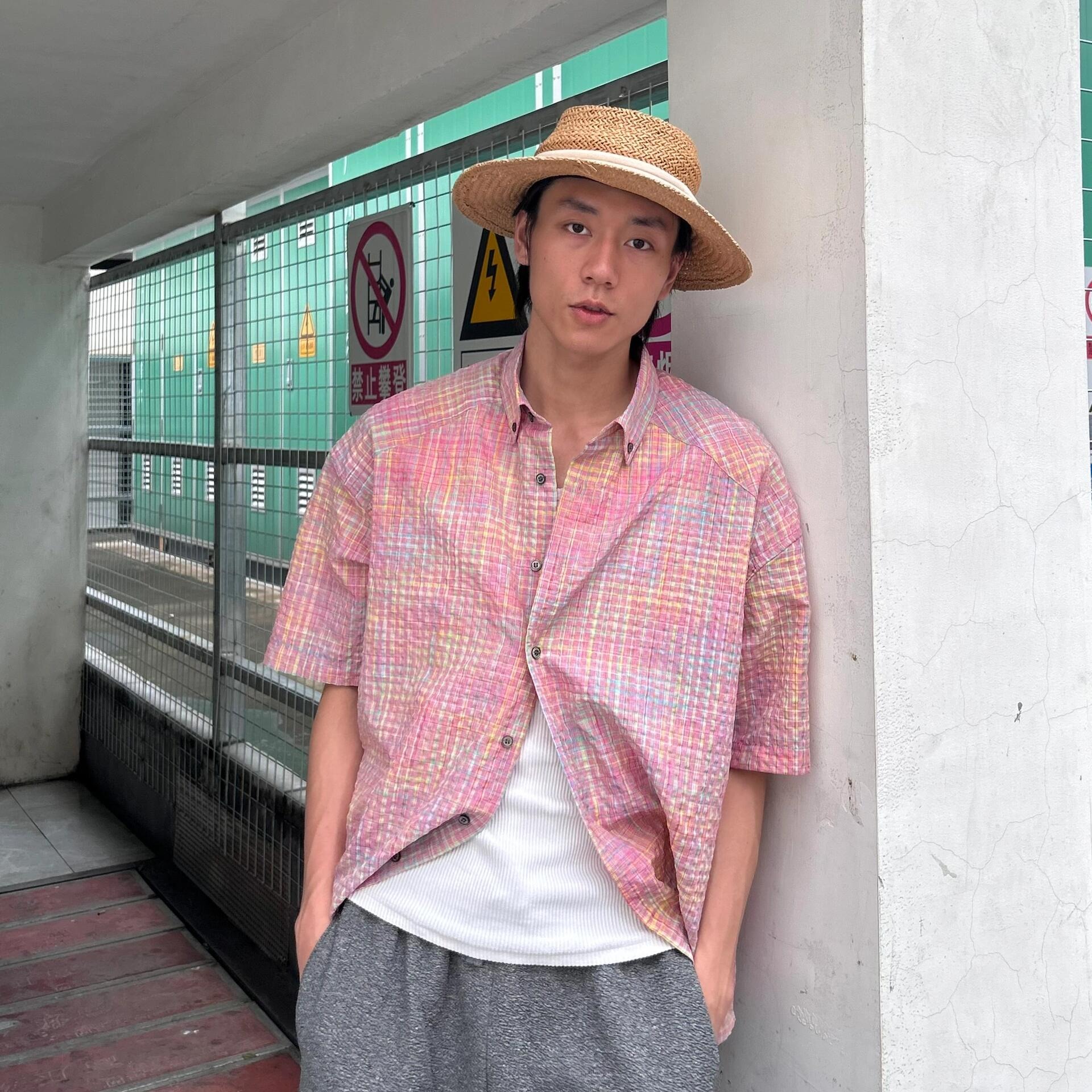 色织格纹泡泡纱交叉育克短袖衬衫男夏季度假防晒衬衣cleanfit外套