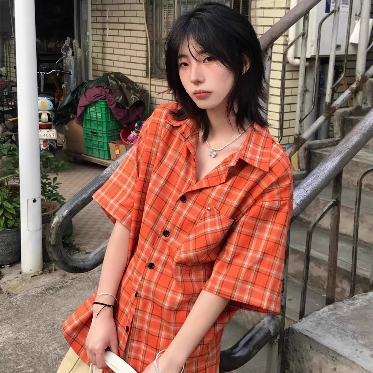 美式复古多巴胺橙色格子短袖衬衫男女夏季宽松休闲百搭五分袖衬衣