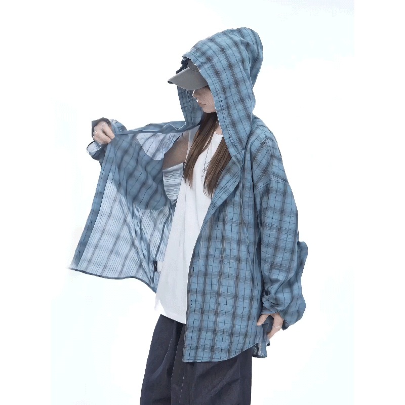 蓝色长袖防晒衣男女款夏季美式复古格子衬衫户外轻薄连帽情侣外套
