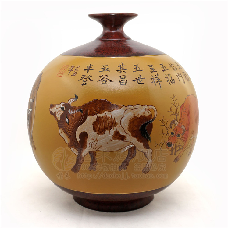 清仓陶瓷彩绘工艺品瓶子五牛图客厅玄关酒店民宿装饰摆件高档礼品