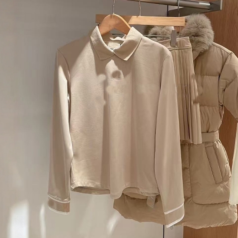 出口原单长袖t恤针织领磨毛保暖