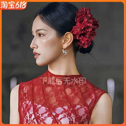 康康造型新中式新娘头饰仿真花红色结婚礼服旗袍晨袍敬酒服发饰品