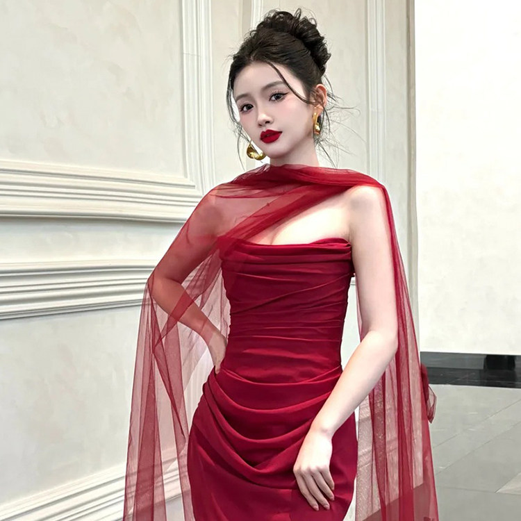 新娘纱巾长款酒红围巾丝巾飘带脖纱披肩纱婚纱礼服晨袍旅拍配饰品