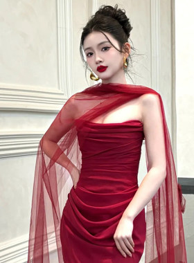 新娘纱巾长款酒红围巾丝巾飘带脖纱披肩纱婚纱礼服晨袍旅拍配饰品