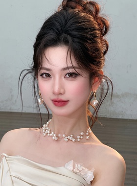 法式新娘项链耳环仿珍珠多层轻奢高级感结婚礼服婚纱晨袍旗袍饰品
